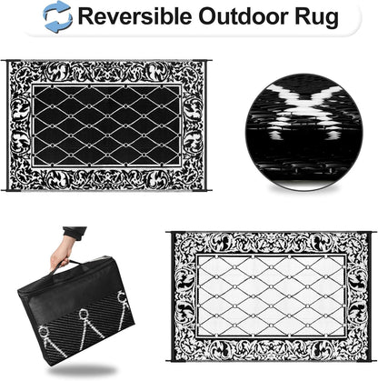 OutdoorLines Indoor Outdoor Rugs for Patio 5x8 ft - Reversible Outside Carpet, Stain & UV Resistant Portable RV Mats, Plastic Straw Rug for Camping, Pool Deck, Porch Rhombus Black & White