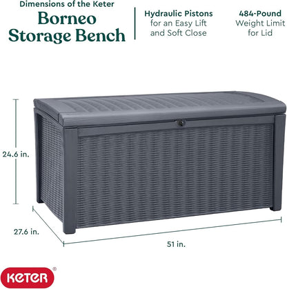 Keter Outdoor Storage Deck Box for Patio, Backyard & Garden, Borneo, 110 Gal, Grey - Lockable, Organizing, and Waterproof Plastic Container Bench