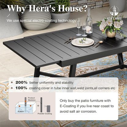 HERA'S HOUSE Extendable Patio Table and Chairs Set for 8, 9 Pieces Outdoor Dining Set, Rectangular Metal Dining Table with 8 x Chairs for Deck Lawn Garden Porch, Blue