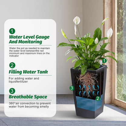 16" Tall Planters Set of 2, Outdoor＆Indoor Black Planter Pots, High Front Porch Planter Pots with Drainage Holes＆Water Level Monitor＆Inner Bucket, Automatic Watering,Black