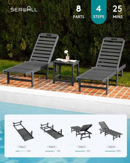 SERWALL Patio Chaise Lounge Set of 4, 78" Length Outdoor Lounge Chair with 5 Positions Adjustable Backrest, HDPE Lounge Chair with Rolling Wheels & Cup Holder for Poolside, Beach, Garden, Grey