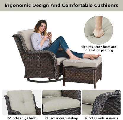 Wicker Patio Furniture Sets - 8 Piece Outdoor Rattan Furniture Conversation Sets with 4 Swivel Rocker Chairs, Rattan Sofa, Wicker Ottomans and Coffee Table, Brown/Beige