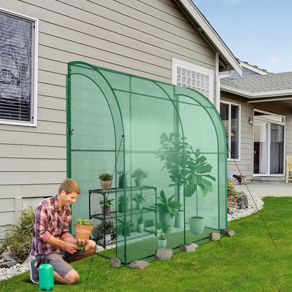 SAFSTAR Greenhouse, 7' x 3.5' x 7' Mini Lean-to Walk-in with 3-Tier Flower Rack, Roll-Up Zipper Doors, Weatherproof PE Cover, Indoor/Outdoor Garden Greenhouse