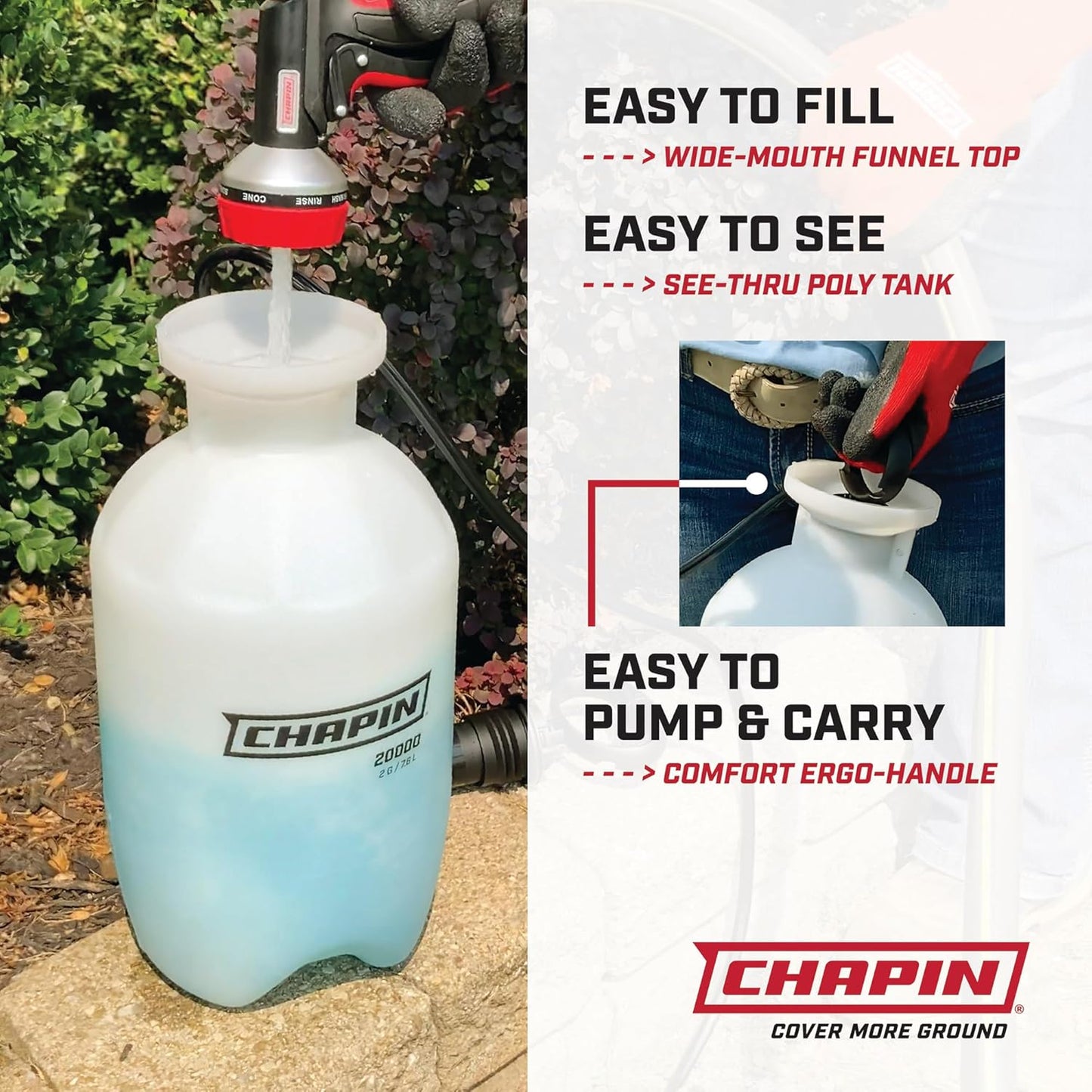 Chapin 20024: Value Pack, 2-Pack, 2-Gallon SureSpray Lawn and Garden Poly Tank Sprayer with Anti-Clog Filter for Yard, Lawn, Weeds, and Plants, Translucent White