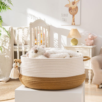 KAKAMAY Woven Baskets for Storage(16"x8"),Blanket Basket for Organizing Living Room,Cotton Rope Basket Woven Baby Laundry Hamper,Collapsible Laundry Room Organization,Clothes,Toy Chest(Brown)