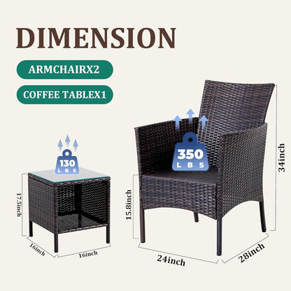 3 Piece Patio Furniture Set - Outdoor Conversation Sets with Coffee Table, Rattan Chair Set for Garden/Poolside, Brown/Grey