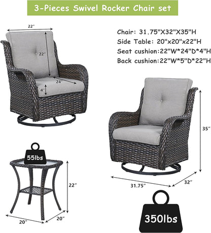 Outdoor Patio Swivel Rocker Chairs - 3 Piece Patio Bistro Set,Wicker Patio Furniture Set with 2 Swivel Rocking Chairs and 1 Glass Top Side Table for Deck Porch Garden,rown/Grey