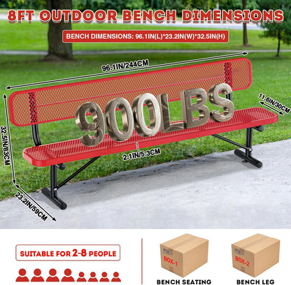 8Ft Heavy Duty Park Bench with Back Portable Frame, Outdoor Steel Bench with Backrest, Expanded Metal Mesh Bench for Lawn, Park, Deck, Garden, Patio, Porch, Red
