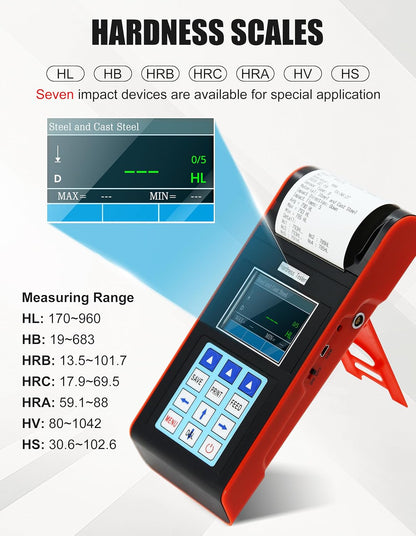 AMT212 Portable Built-in Printer Durometer Digital Handheld Leeb Hardness Tester with Standard D Impact Device PC Software for Steel Aluminum Iron Alloy Copper