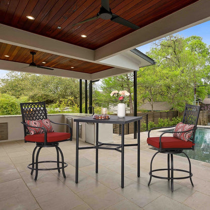 Sophia & William Patio Bar Stools Set 3 Pieces Outdoor Bistro Set, 2 Swivel Bar Chairs and 1 Square Bar Height Table, All-Weather Metal Furniture Set with Red Cushion and Umbrella Hole