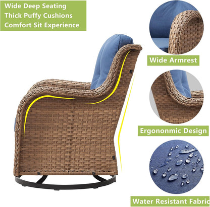 Outdoor Patio Swivel Rocker Chairs - 3 Piece Patio Bistro Set,Wicker Patio Furniture Set with 2 Swivel Rocking Chairs and 1 Glass Top Side Table for Deck Porch Garden,Yellow/Blue
