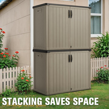 Greesum Outdoor Horizontal Storage Sheds 27 Cu.ft Resin Large Storaged Box Weather Resistance, Without Shelf, Easy to Assemble, Prefect for Garden, Patios, Backyards, Beige