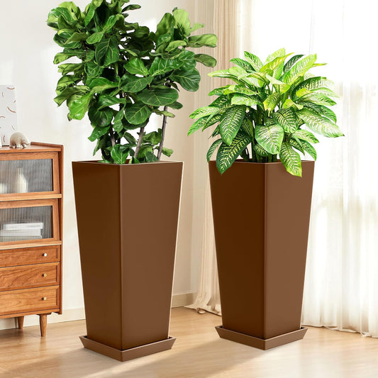 Set of 2 Tall Planters, 24" Large Indoor Outdoor Flower Pots with Tray, Modern Tapered Planters for Porch, Patio, Garden, Backyard