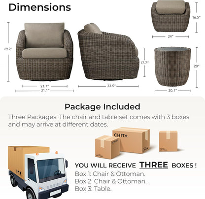 CHITA 5 Pieces Patio Wicker Furniture Set, Outdoor Rattan Bistro Set with Removable Thickened Cushions, Fully Assembled(Gray Cushions with Brownish Gray Wicker)