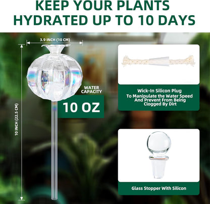 10 oz Large Top Fill Cactus Plant Watering Globes, Light Iridescent Glass Water Bulbs, Slow Release Self Watering Devices, Vacation Plant Watering System Self Watering Planter Insert, 4 Pack