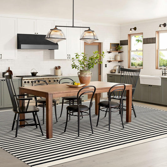IOHOUZE Black Beige Striped Rug -8'x10' Indoor Outdoor Rug, Washable Area Rug for Living Room, Large Patio Rug, Cotton Striped Rugs for Patio Living Room Bedroom
