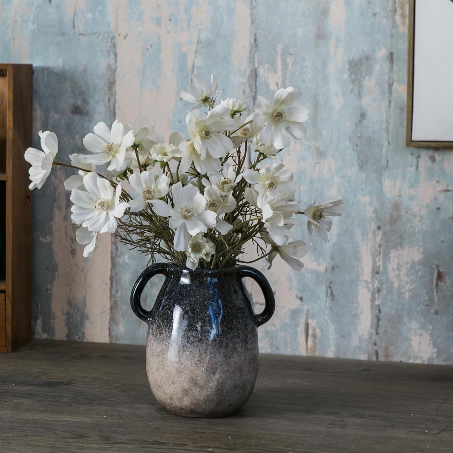 Blue Gradient Ceramic Vase with 2 Handles, Modern Farmhouse Decor, Rustic Terracotta Pottery, Decorative Clay Flower Vase, Centerpiece for Dining Table - 7 Inch