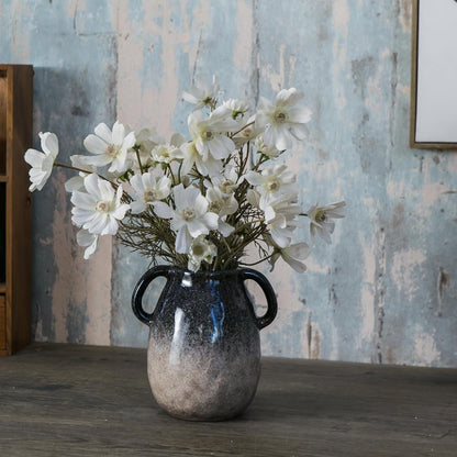 Blue Gradient Ceramic Vase with 2 Handles, Modern Farmhouse Decor, Rustic Terracotta Pottery, Decorative Clay Flower Vase, Centerpiece for Dining Table - 7 Inch