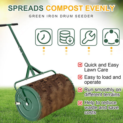 Hiboom 24 Inch Compost Spreader, Peat Moss Spreader, Manure Roller with Adjustable T Shaped Handle, Lightweight Metal Mesh for Lawn Garden Spreading Manure Topsoil (Green)