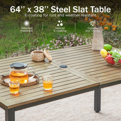 PHI VILLA Patio Dining Table and Chairs, 6 Swivel Dining Chairs with Armrest, Brown Metal Slat Table Top with 1.6" Umbrella Hole, Rustproof E-Coating for All Weather