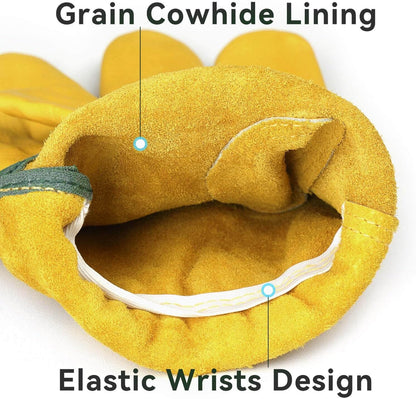 OZERO 5 Pairs Leather Work Gloves Flex Grip Tough Cowhide Gardening Glove for Wood Cutting/Construction/Truck Driving/Garden/Yard Working for Men and Women (Gold,Small)