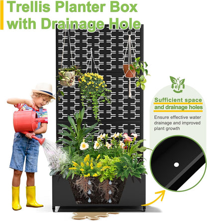 FENCY Metal Raised Garden Bed with Wheels and Trellis,73"x35"x16" Planter Box for Climbing Plants, Vegetables & Vines, Features Privacy Screen and Drainage Holes (Black-Brick)