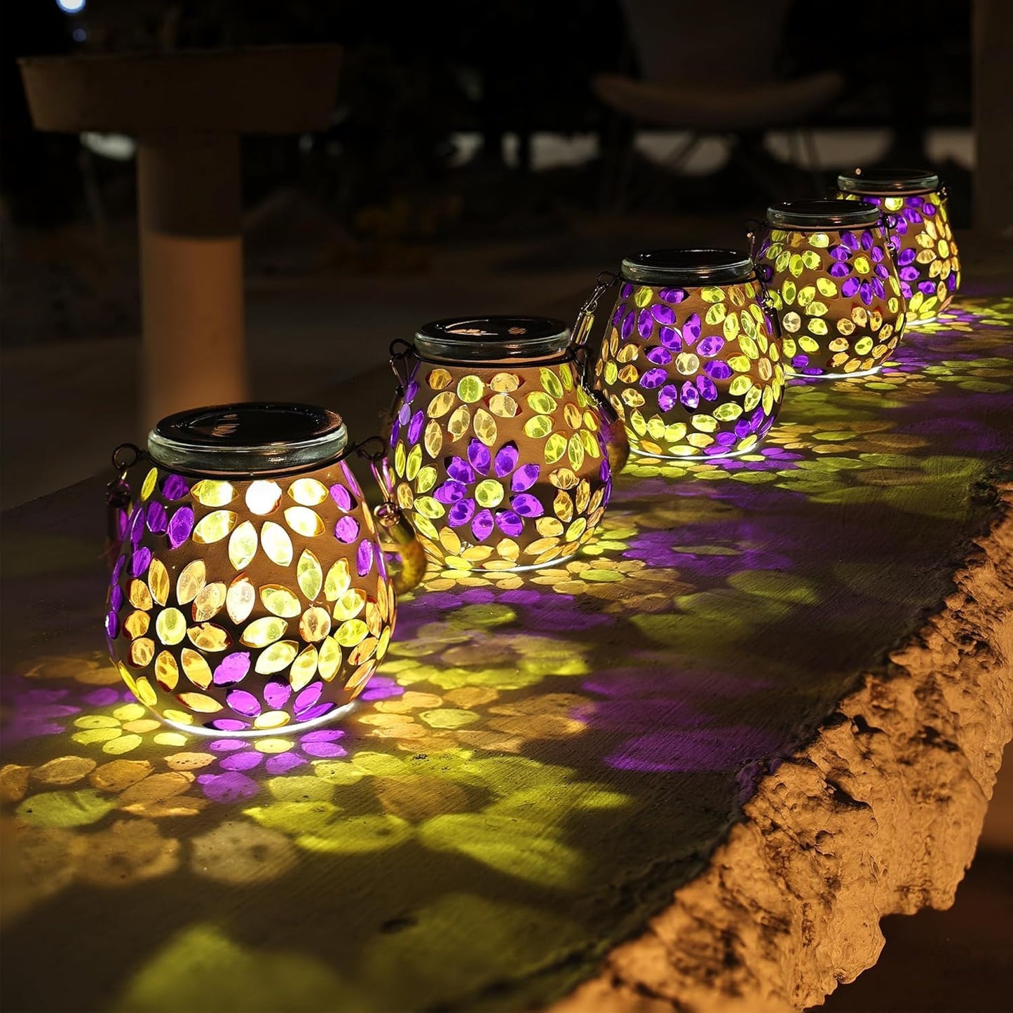 Cooo 4 Pack Mosaic Solar Lantern Outdoor Waterproof IP68 Hanging Projection Light Hidden Lid Pear-Shaped Lantern with Rope Handle Solar Powered Auto On for Patio Garden Fence Table -Petal Mirage