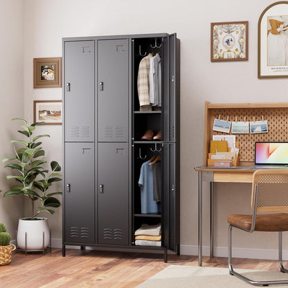 6 Doors Metal Lockers for Employees with Combination Locks and 6 Shelves, Storage Locker with 18 Hooks and Business Card Holder for Office Gym School Bedroom, Assembly Required, Black