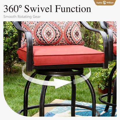 Sophia & William Patio Bar Set 5-Piece Outdoor High Dining Set with 4 Swivel Bar Stools with Red Cushion and 1 Square Bar Height Table with Umbrella Hole