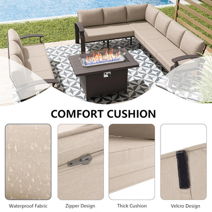Aluminum Patio Furniture Set with Fire Pit Table, 10 Seats Outdoor Patio Conversation Set with Swivel Chair Modern Metal Patio Sectional Sofa with Coffee Table for Patio, Backyard(Sand).