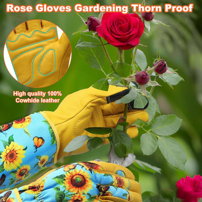 DLY Gardening Gloves for Women, Rose Gloves Gardening Thorn Proof, Long Garden Gloves for Women, Breathable Cowhide Leather Gauntlet (Large, Blue)