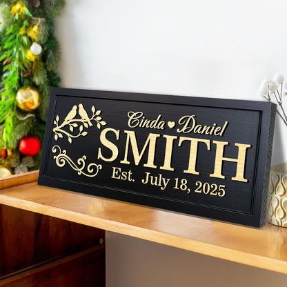Personalized Wooden Family Name Sign Custom Carved Last Name Plaque with Established Date Rustic Solid Wood Wall Art for Home Decor Wedding Gift