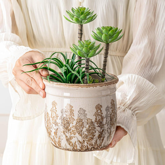 Set of 2 Ceramic Planters for Indoor Plants, 4.7+5.7 Inch Vintage Flower Pots without Drainage Hole, Rustic Brown Planter Set, Decorative Plant Pots for Indoor Plants, Home Decor, Living Room, Office