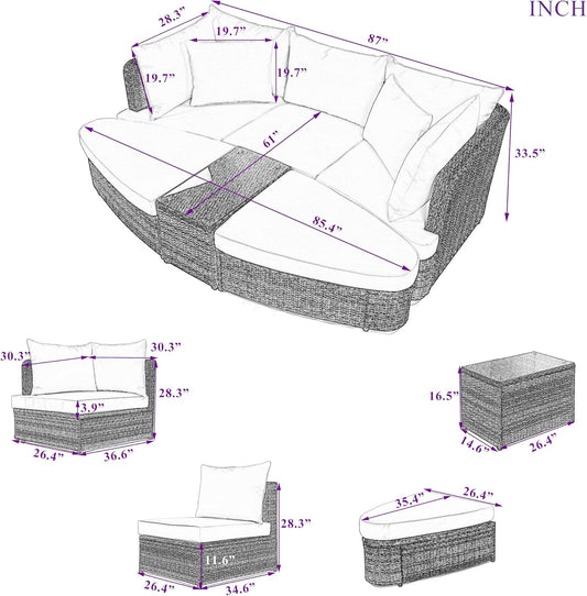 kevinplus Outdoor Patio Outdoor Daybed Patio Sunbed, All-Weather PE Wicker Patio Outdoor Conversation Round Sectional Sofa Couch Set with Coffee Table, Brown