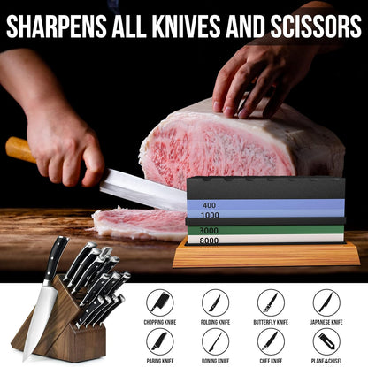 Knife Sharpening Stone Set - Premium 4 Side Grit 400/1000 3000/8000 Whetstone Sharpener Kit - Non-Slip Bamboo Base,Cut Resistant Gloves, Angle Guide,Flatting Stone,Honing Guide,Leather Strop