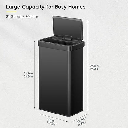 EKO Nova Sensor Trash Can, 21 Gallon/80 Liter Stainless Steel Rectangular Touchless Motion Sensor Trash Can, Matte Black