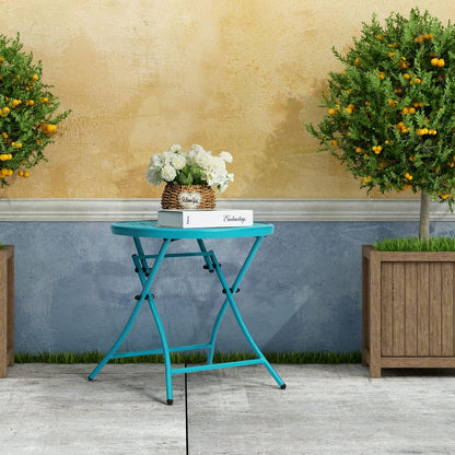 TeoKJ Folding Outdoor Side Tables, Anti Rust Small Patio Table Round Metal Nightstand with Flower Cutouts for Porch Yard Balcony Deck Lawn, Blue