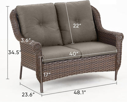 Patio Loveseat Outdoor Wicker Sofa - Heavy Duty All-Weather Brown Rattan 2-Person Sofas with High Back and Comfortable Thick Cushions for Garden Back Porch Poolside Apartment - Grey