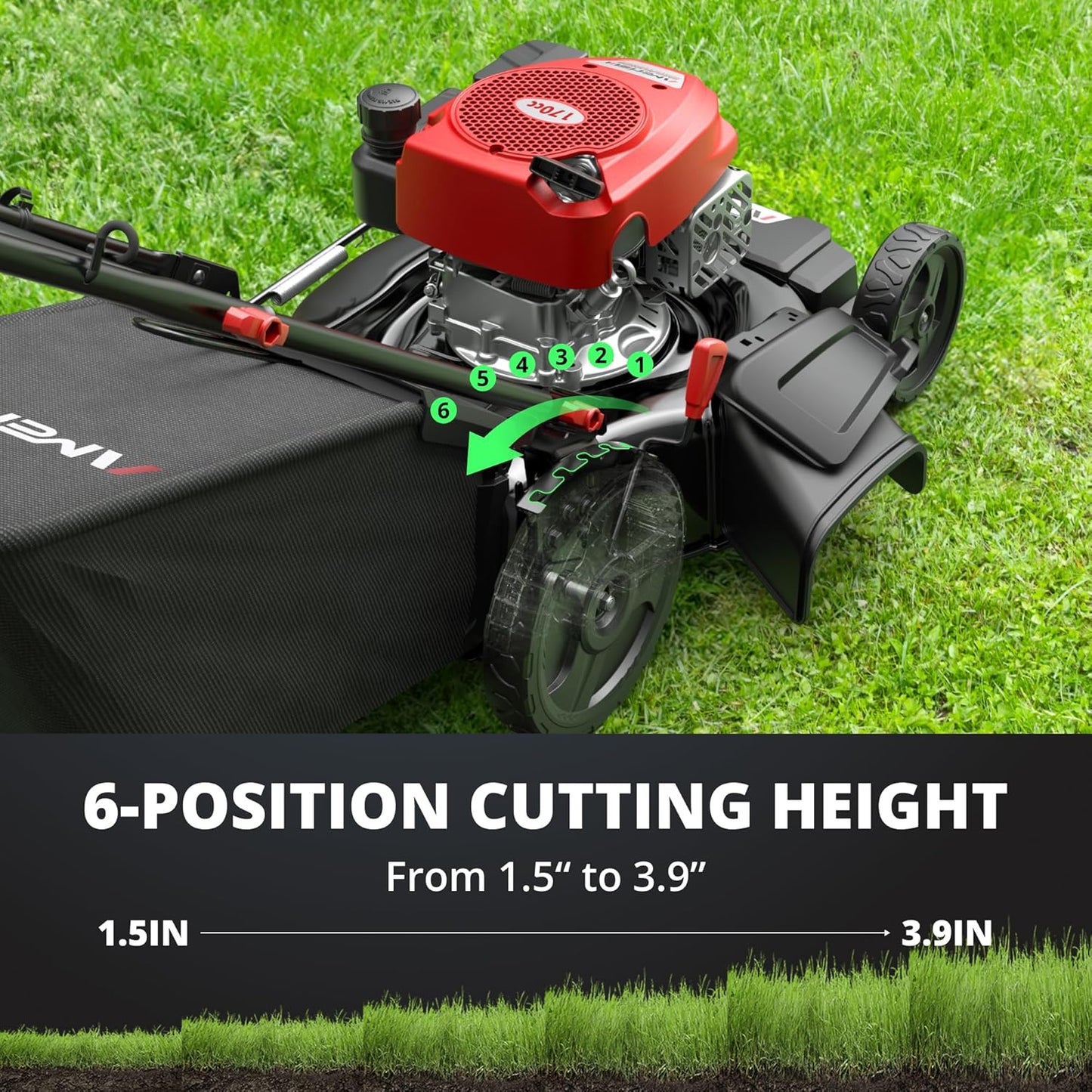 Gas Lawn Mower, 170cc OHV Engine with Forced Air Cooling, 21" Steel Deck, 3-in-1 Mulching/Bagging/Side Discharge, 6 Cutting Heights, 1.4-Bushel Grass Catcher, Self-Propelled