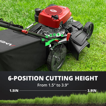 Gas Lawn Mower, 170cc OHV Engine with Forced Air Cooling, 21" Steel Deck, 3-in-1 Mulching/Bagging/Side Discharge, 6 Cutting Heights, 1.4-Bushel Grass Catcher, Self-Propelled
