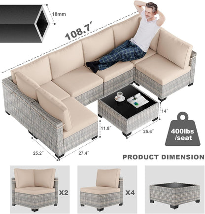 7-Piece Patio Furniture Set, Outdoor Sectional with Thick Cushions, Modular Patio Sofa, Dual-Strand Wicker Rattan, Rust-Resistant Frame, Backyard Furniture for Garden, Deck, Khaki