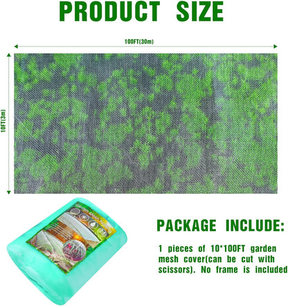 Woanger 10 x 100 ft Garden Mesh Netting Ultra Fine Plant Covers Garden Netting to Protect Vegetable Plants Fruits Flowers Crops Greenhouse Row Cover Patio Barrier Screen Protection Net (Green)