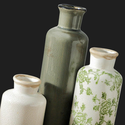 Vintage Vase Set of 3, Ceramic Vintage Flower Vases, Chinoiserie Decorative Home Decor Retro Floral Vase Rustic Farmhouse Decor for Table Bookshelf Mantel Kitchen Living Room Office - Green and Beige