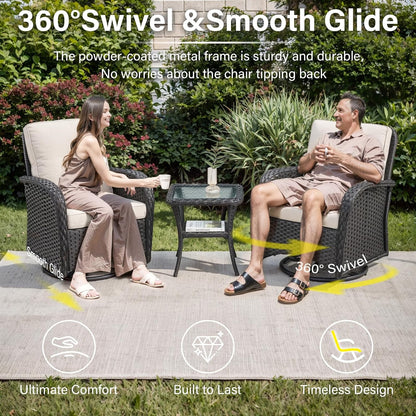 7-Piece Modern Black Wicker Patio Conversation Set - 4 Swivel Glider Chairs & 50,000 BTU Propane Fire Table