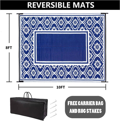 Outdoor Rug 8x10 Patio Waterproof Mat Camping Carpet Outside Area Rug Reversible Light Blue Rugs for RV Deck Entryance Porch Picnic Balcony Beach