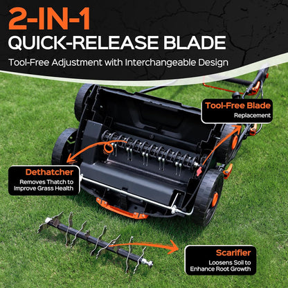 2025 Upgrade 16-Inch 15.5 Amp 2-in-1 Electric Dethatcher and Scarifier with 14.5-Gallon Collection Bag, Lawn Dethatcher with 5-Position Depth Adjustment, Keeps Lawn Healthy – Bright Orange