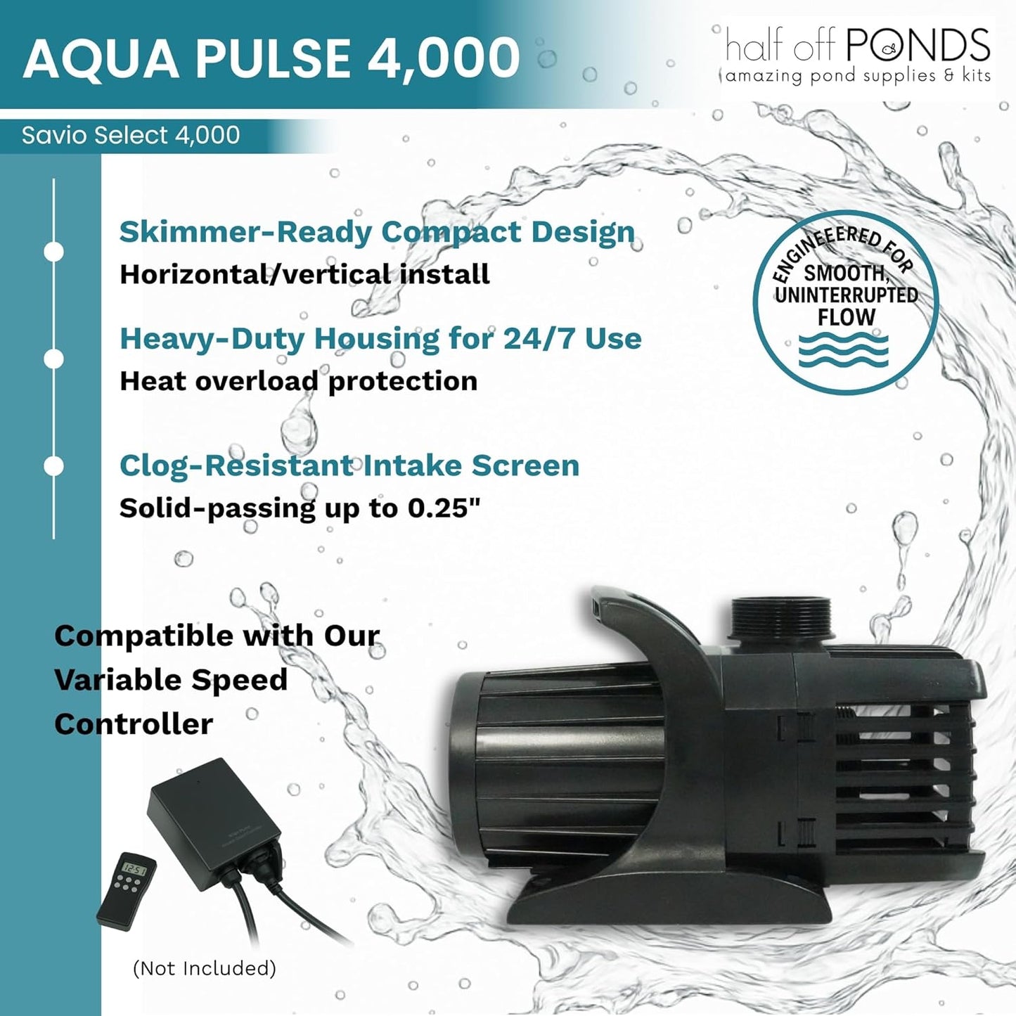 HALF OFF PONDS Savio Select 4,000 GPH Submersible Pump Pond Kit with 15' x 20' PVC Plastic Pond Liner for Water Garden & Koi Pond