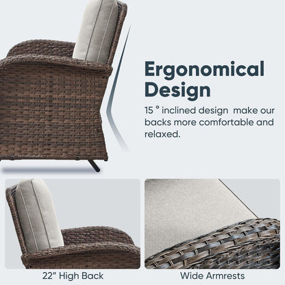 5 Pieces Outdoor Patio Furniture Set with 50000 BTU Propane Fire Pit Table, Deep Seating Wicker Swivel Rocker Chairs and Loveseat Glider Patio Conversation Set for Deck Poolside Backyard Beige