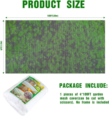 Woanger 4 x 100 ft Garden Mesh Netting Ultra Fine Plant Covers Garden Netting to Protect Vegetable Plants Fruits Flowers Crops Greenhouse Row Cover Patio Barrier Screen Protection Net (White)