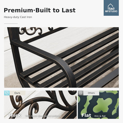 MFSTUDIO 50 Inches Outdoor Garden Bench, Cast Iron Metal Frame Patio Park Bench with Floral Pattern Backrest, Arch Legs for Porch, Lawn, Yard-Bronze